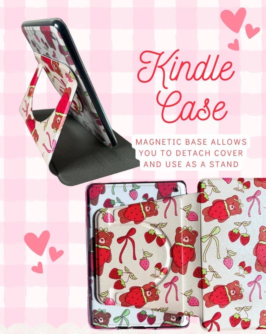 Strawberry Bear Kindle Case- Detachable Magnetic Case- Clear back