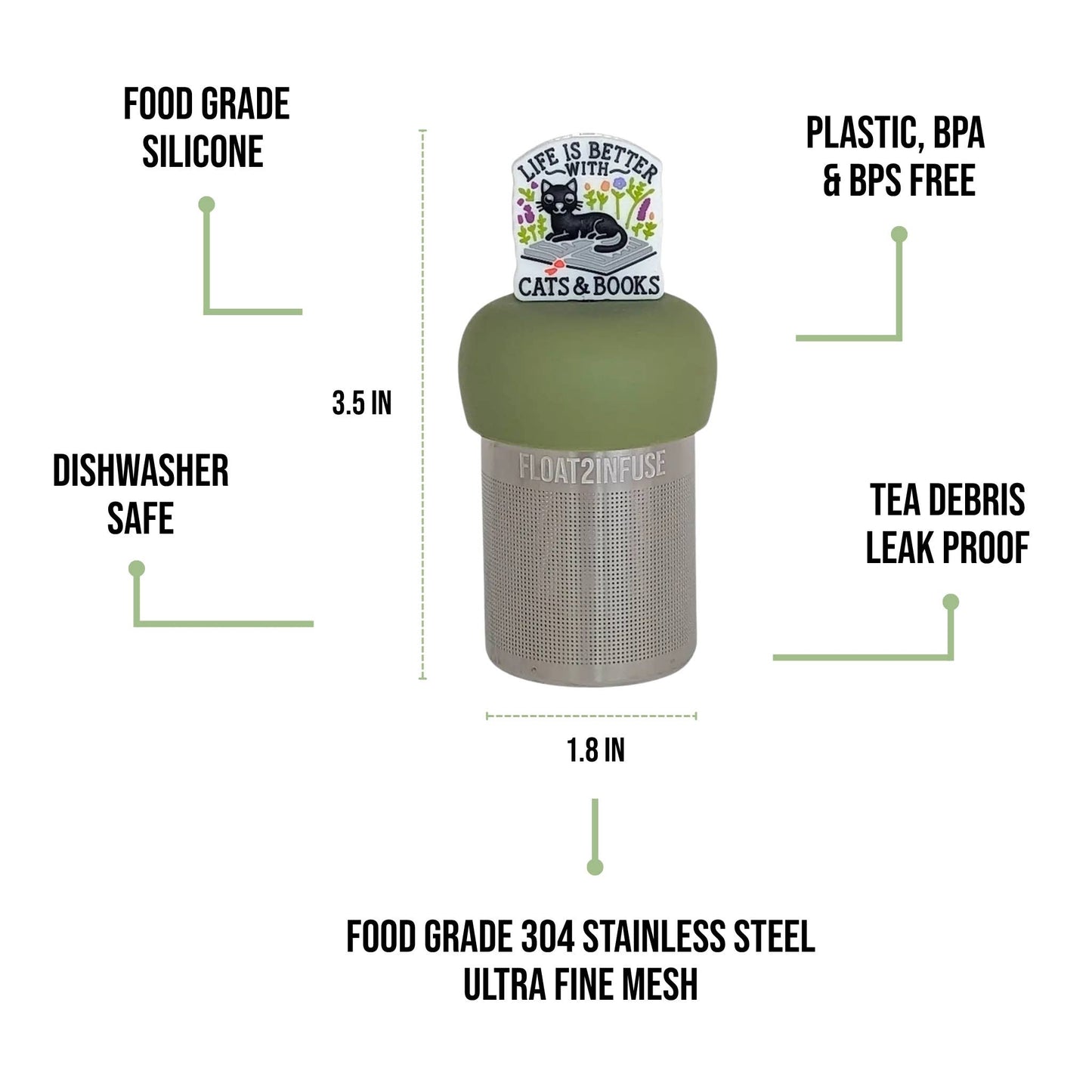 Cats & Books | Floating Tea Infuser | Green Base | White