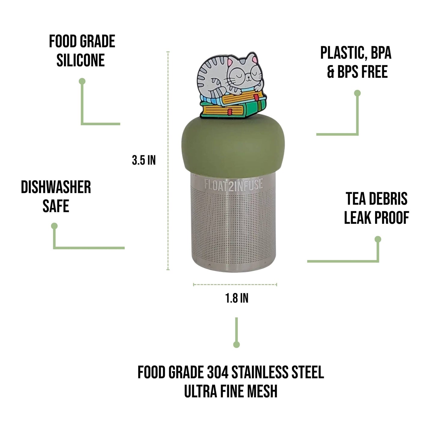 Nerdy Cat | Floating Tea Infuser | Green Base | Grey Cat