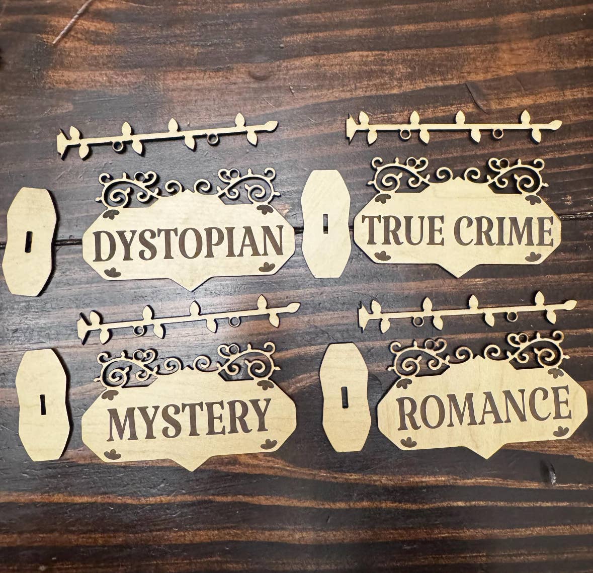 Wooden Engraved Bookshelf Genre Sign, Cute Bookshelf Decor