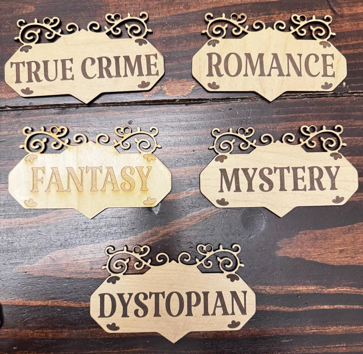 Wooden Engraved Bookshelf Genre Sign, Cute Bookshelf Decor