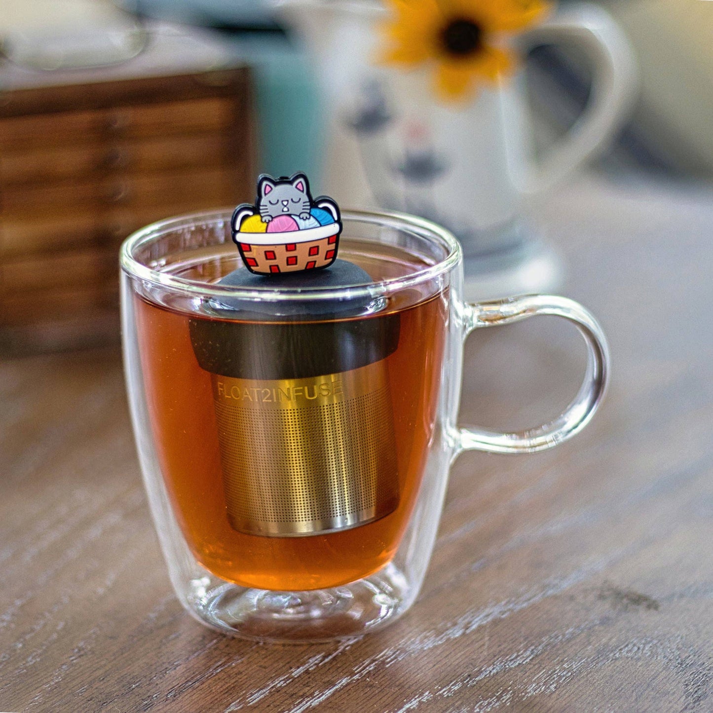 Cat Knitting | Floating Tea Infuser | Black Base |Multicolor